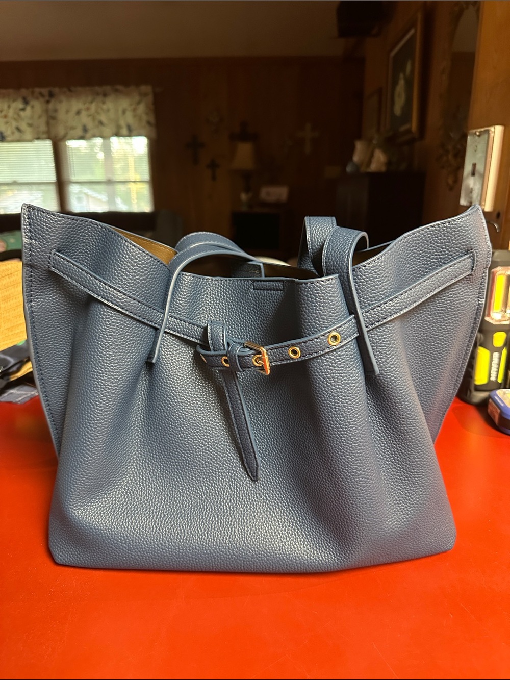 Montana West Navy Blue Pebbled Leather Tote with Belt Accent